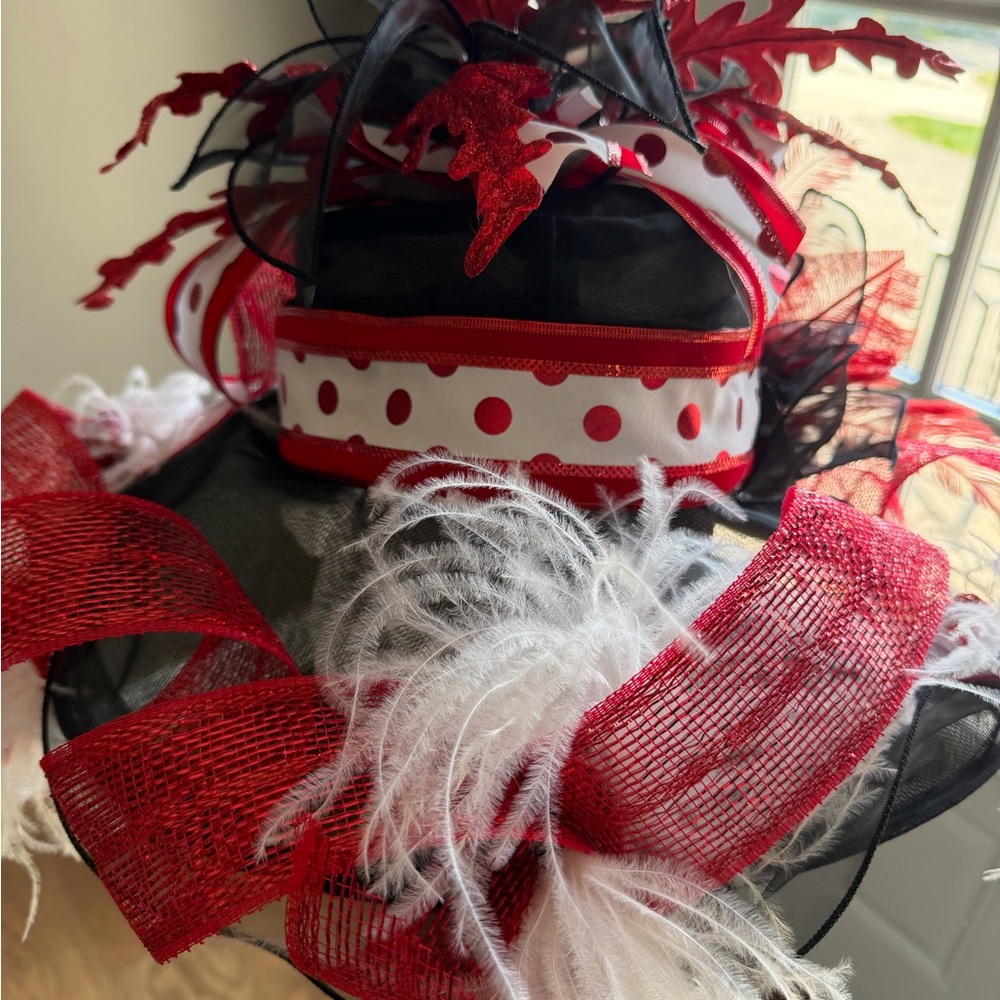 Beautiful Red and Black Derby Hat with White Accents